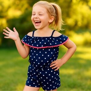 Girls Navy Polka Dot Romper w/ Pink Trim - Size 4T - Bench Toast